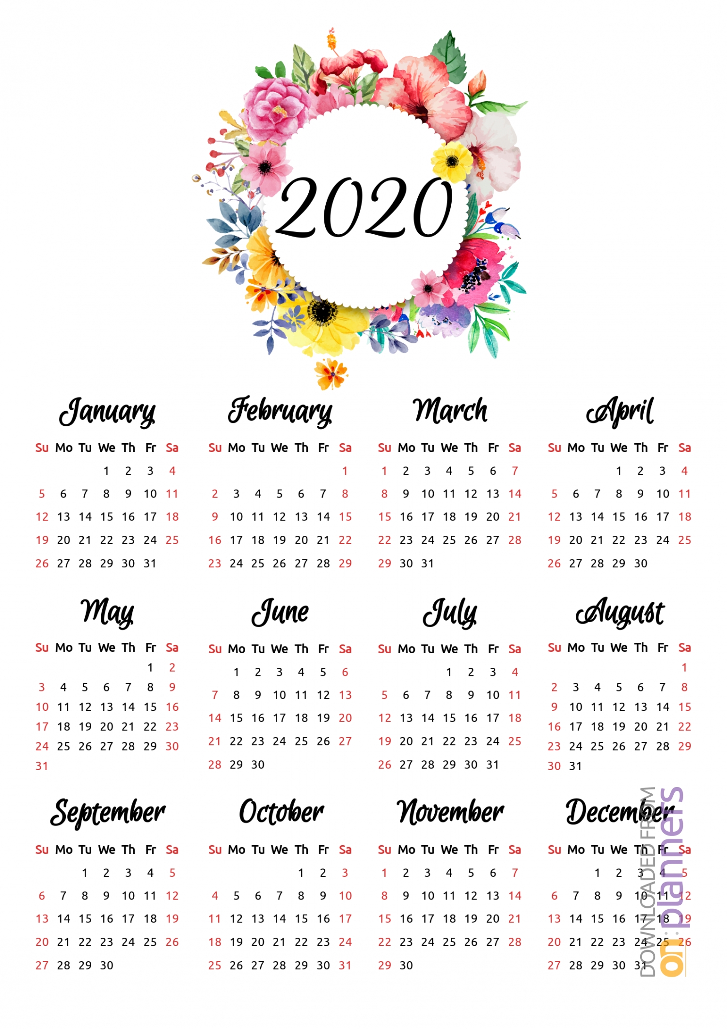 Download Printable Floral Yearly Calendar Pdf 4 Month Calendar At A Glance To Print