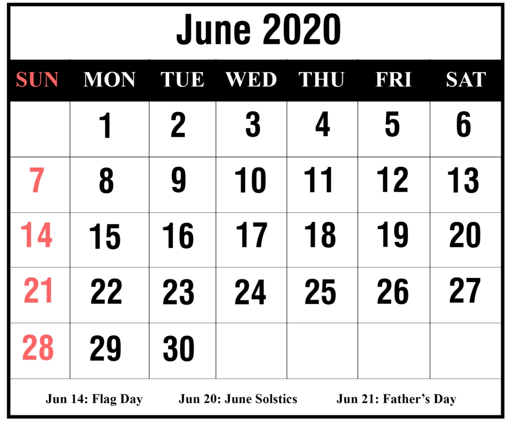 ❤️free 2020 June Printable Calendar Templates [Pdf, Excel June 2020 Calendar With Holidays