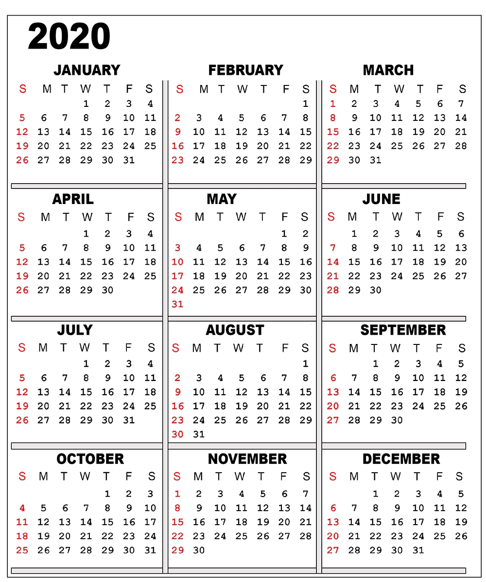 ❤️free 2020 One Page Calendar Printable Templates Printable 4 To A Page Calendar