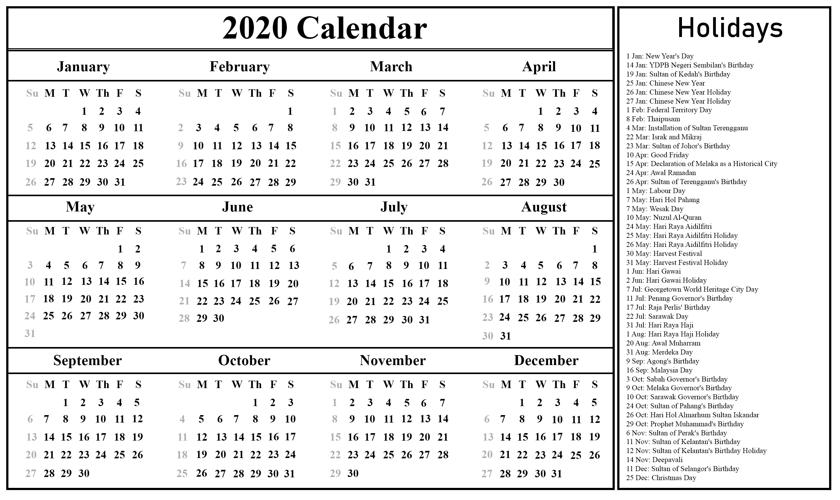 ❤️free Malaysia Calendar 2020 With Holidays {Pdf &amp; Excel 2020 Calendar With Holidays Malaysia