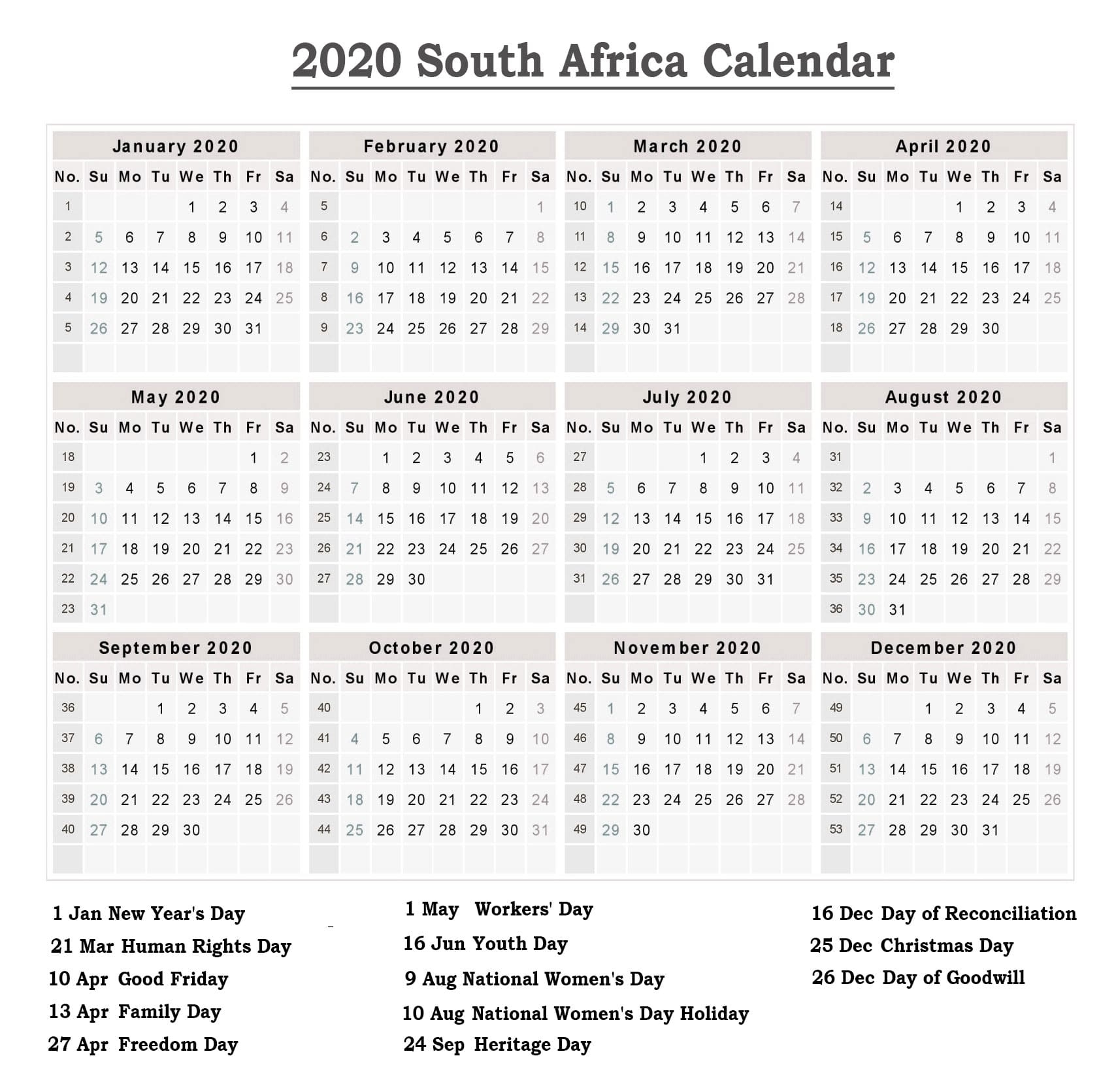 ❤️free Public Holidays Calendar 2020 South Africa Downloadable Monthly Planner For 2020 With Public Holidays For South Africa