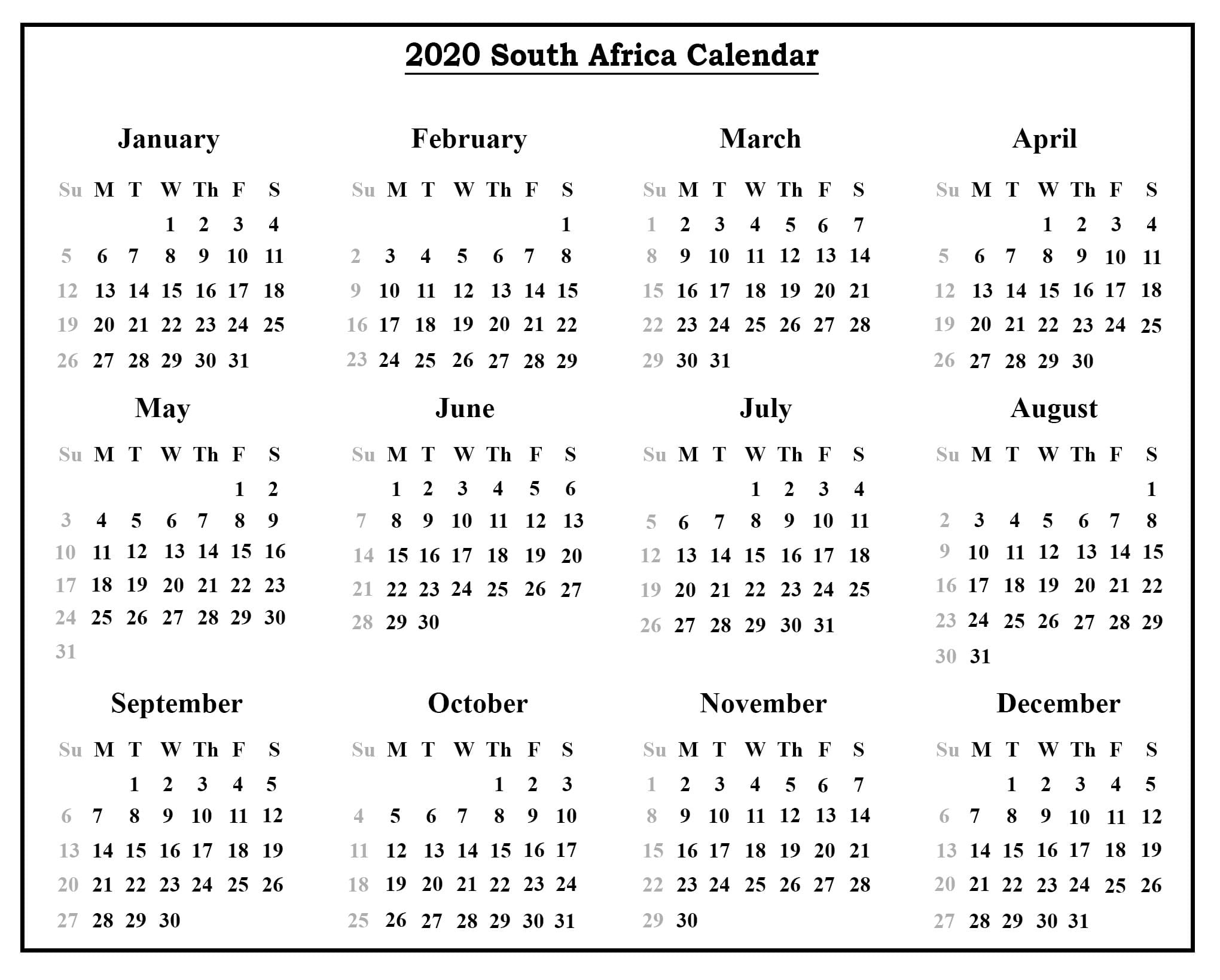 ❤️free Public Holidays Calendar 2020 South Africa Exceptional Free Printable Calenders 2020 South Africa