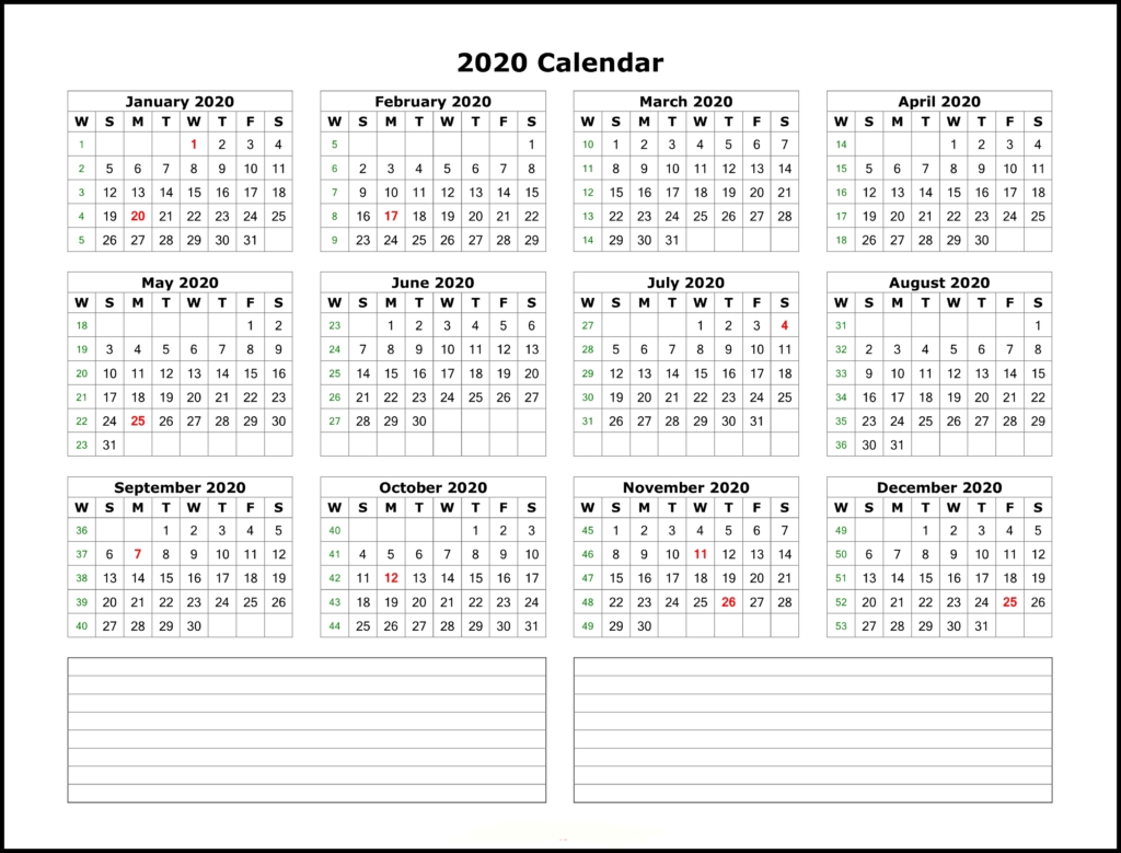 ❤️free Yearly 2020 Printable Calendar Templates [Pdf, Word Incredible 2020 Calendar With Date Boxes And Holidays