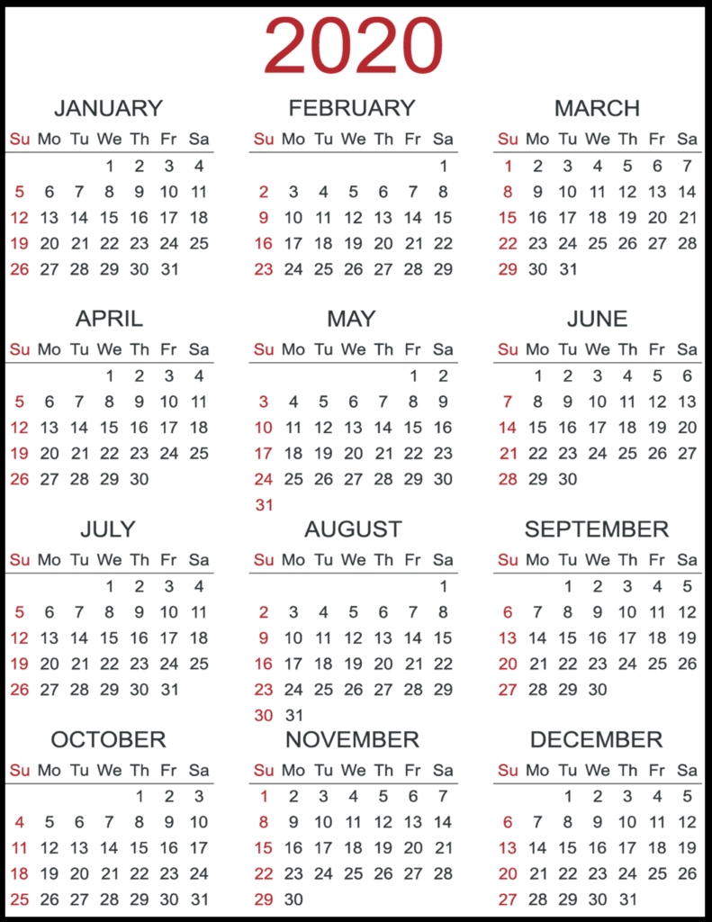❤️free Yearly 2020 Printable Calendar Templates [Pdf, Word Printable Calendar With Date Boxes