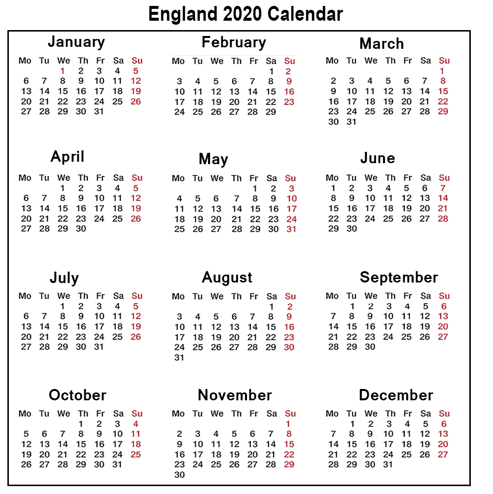❤️printable Calendar 2020 Templates With England Public Dashing 2020 Printable Calendar With Uk Bank Holidays