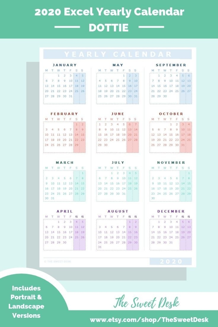 Editable 2020 Excel Yearly Calendar Template | Printable Exceptional Yearly Printable Calendar Monday Start