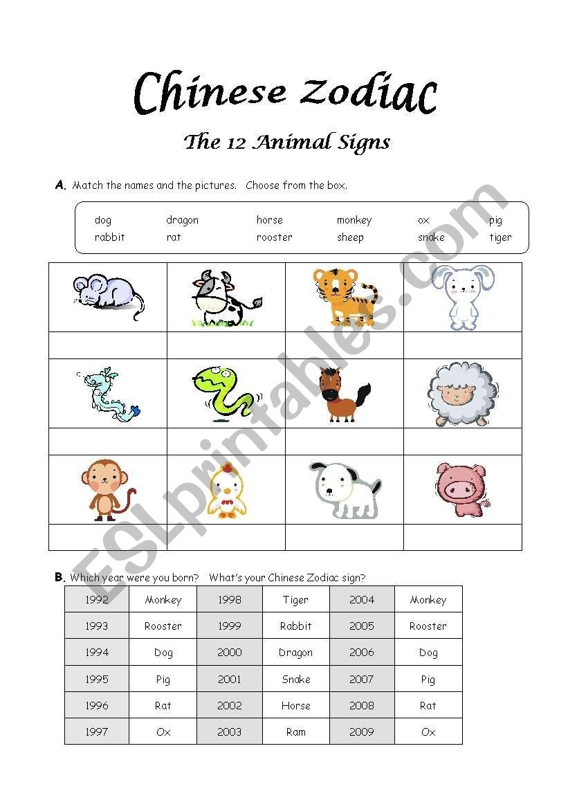 English Worksheets: Chinese Zodiac Signs Printable Chinese Zodiac Sign Worksheet