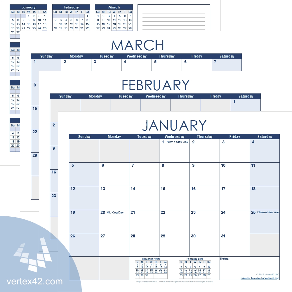 Excel Calendar Template For 2020 And Beyond Remarkable 2020 Calendar With Holidays By Vertex42