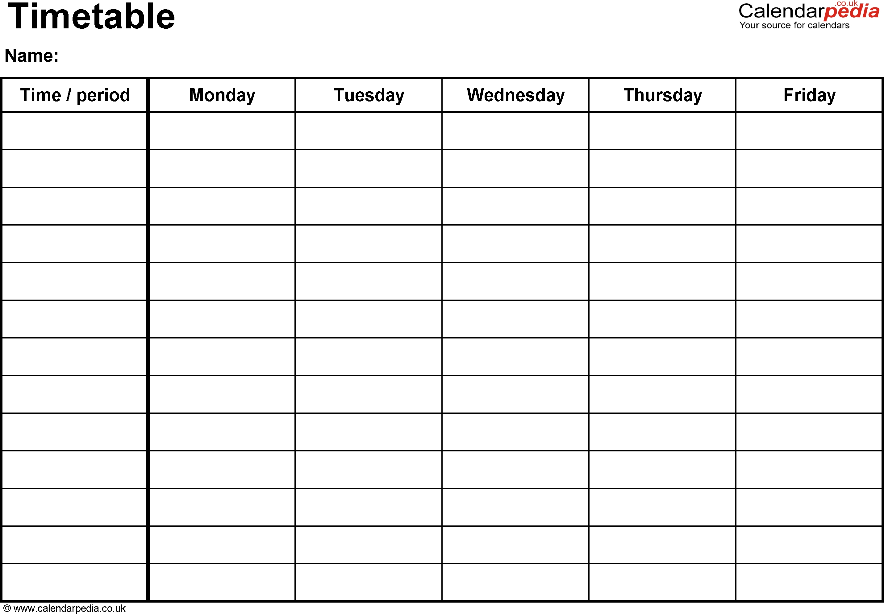 Excel Timetable Template 1: Landscape Format, A4, 1 Page Monday Through Friday Word Calendar