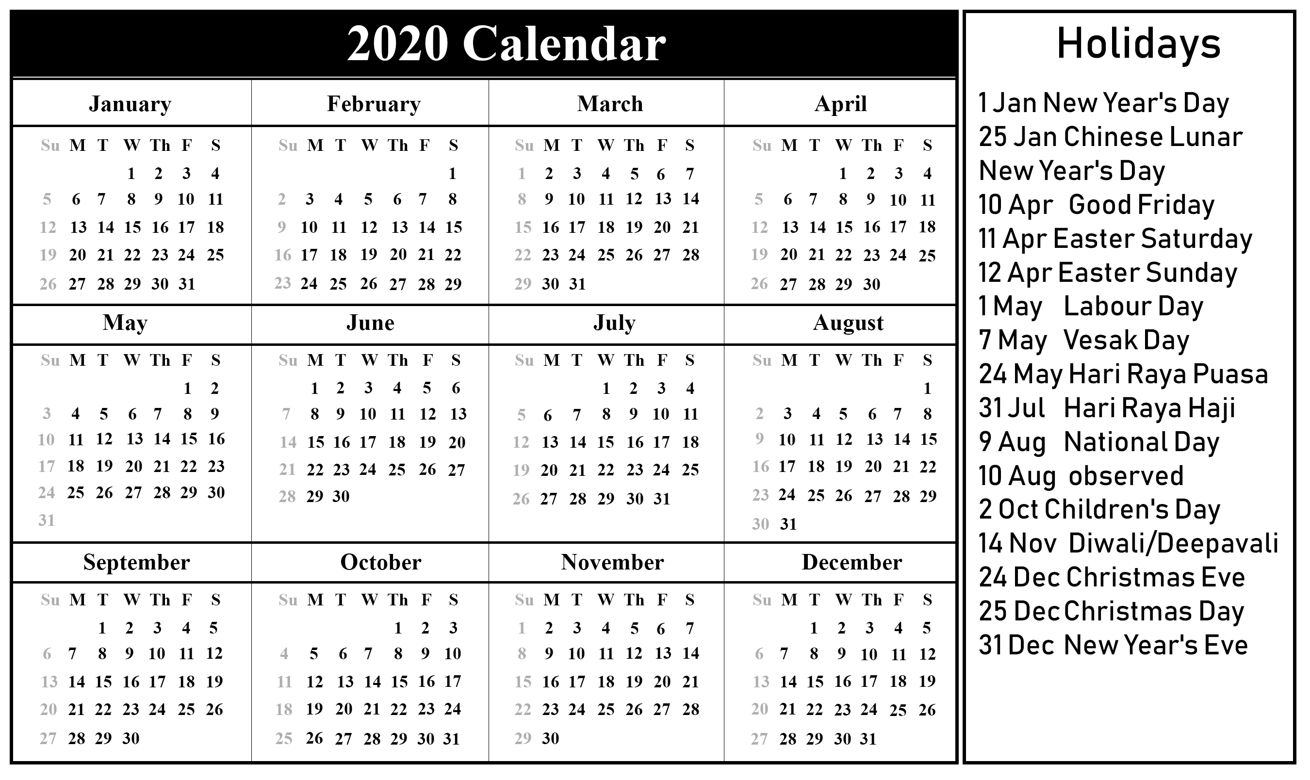 ?free Printable Singapore 2020 Calendar With Holidays In Animated South African Printable Calendar 2020 With Holidays Free