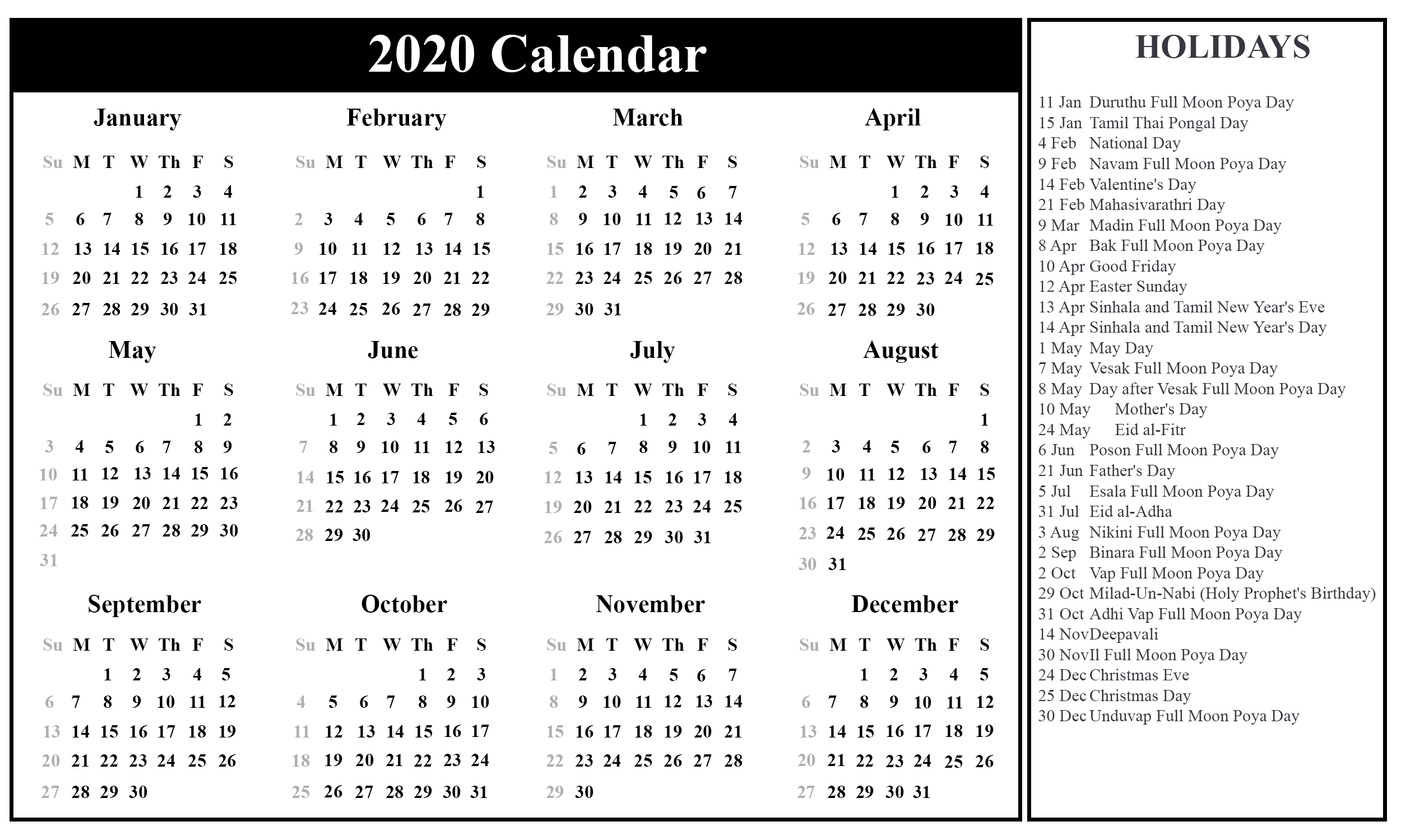 ?free Sri Lanka 2020 Calendar With Holidays In Pdf Word Dashing Calendar Showing Holidays For 2020