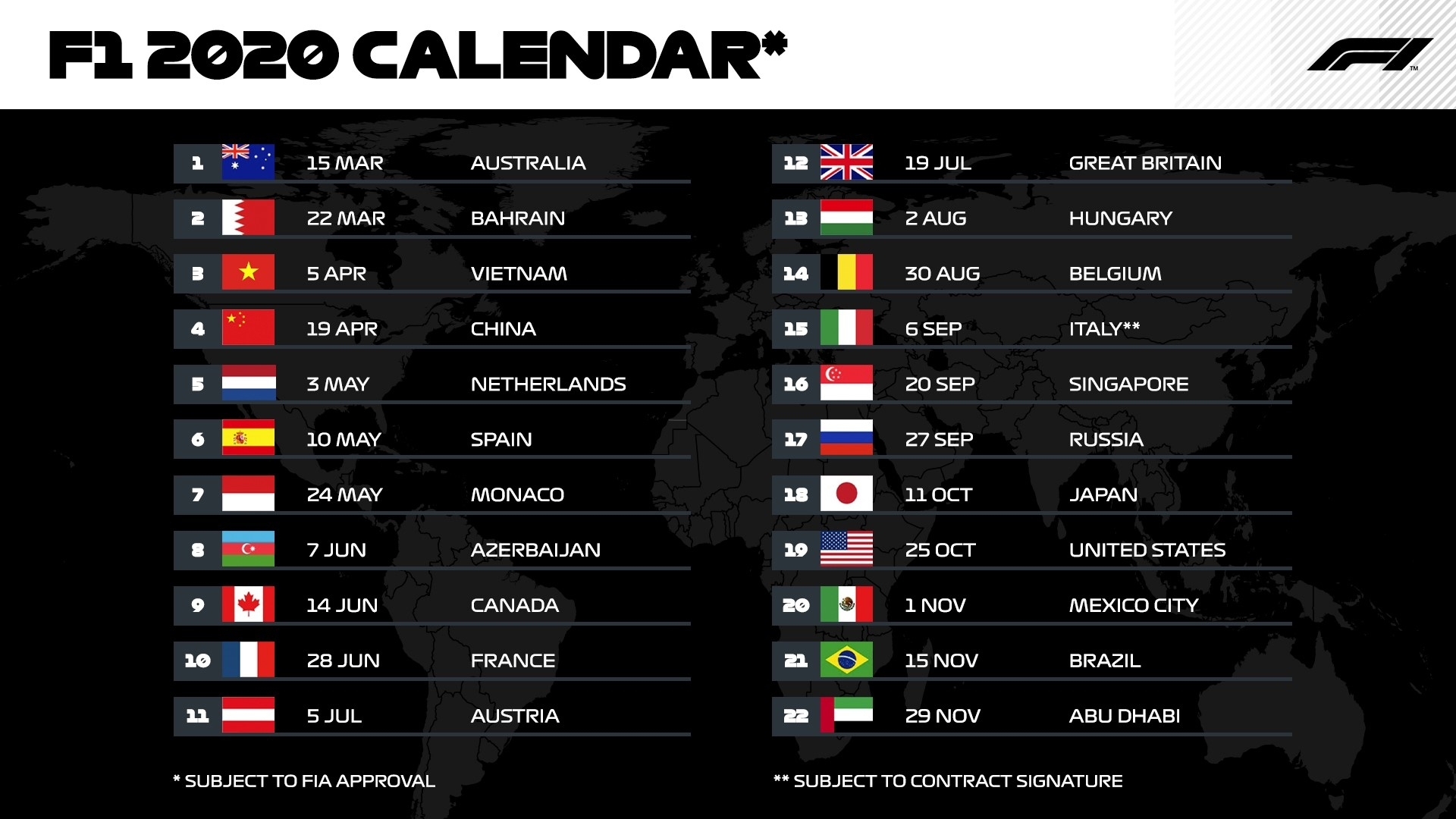 F1 Calendar 2020 - Enjoy A Record-Breaking 22 Races In The Printable 2020 Formula 1 Schedule