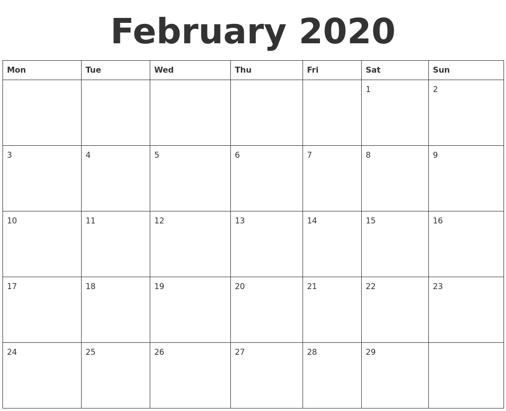 February 2020 Blank Calendar Template Dashing Printable Blank Calendar Template 2020