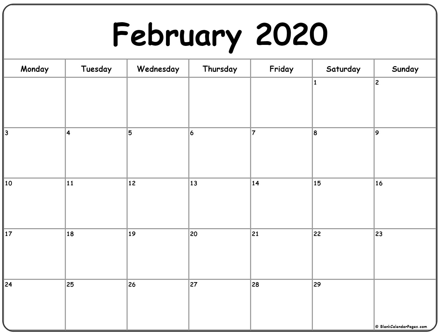 February 2020 Monday Calendar | Monday To Sunday Impressive Monday Through Friday Blank Calendar