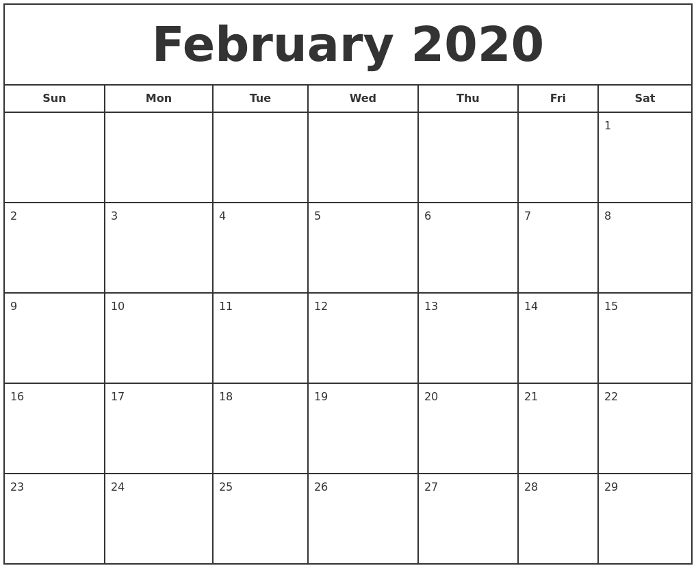 February Calendar 2020 Free Printable Template Pdf Word Free Printable Calendars 2020 Blanks Word