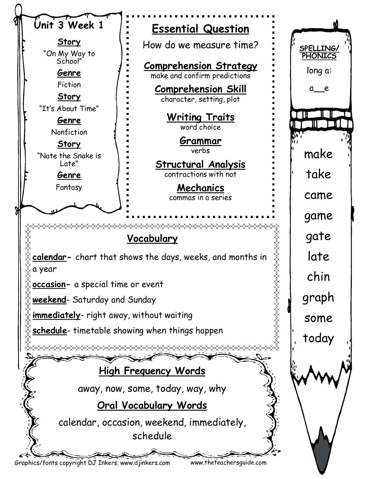 First Grade Wonders Unit Three Week One Weekly Outline Weekly Homework 3Rd Grade Calendar