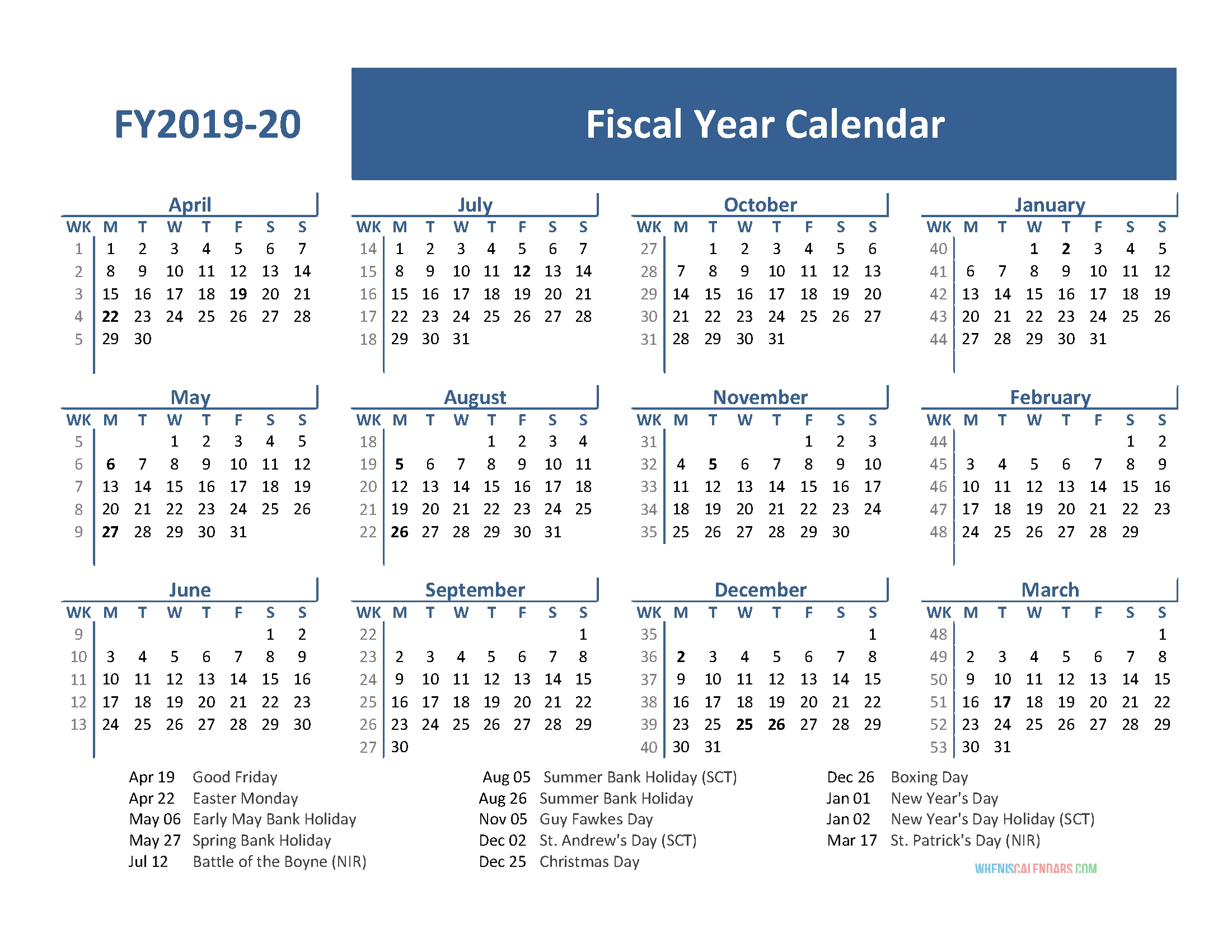 Fiscal Year 2019 Calendar With Holidays (April 2019-March Fiscal Year Calendar 2020 Printable