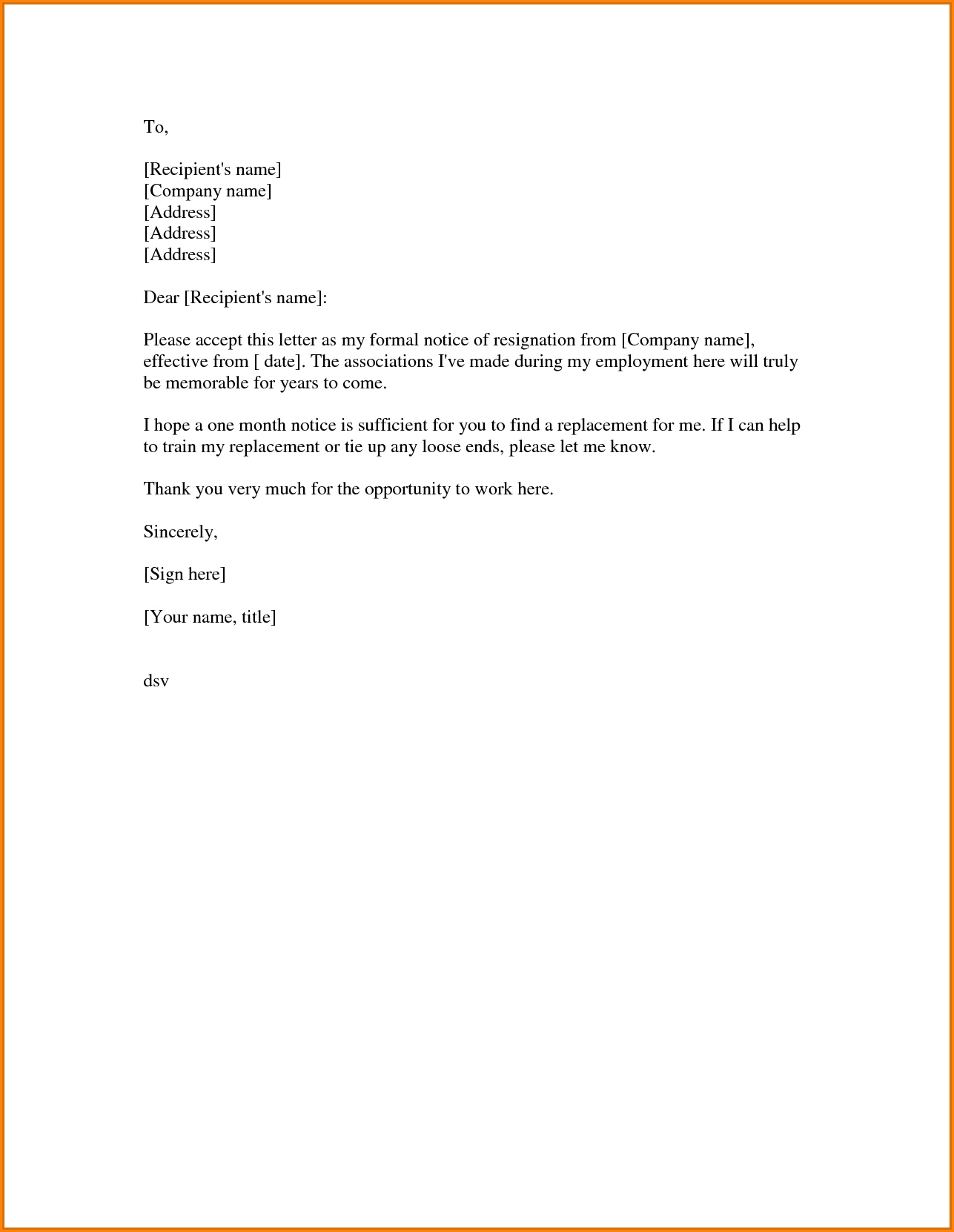 Formal Resignation Letter Sample With Notice Period Templates For One Months Notice Period