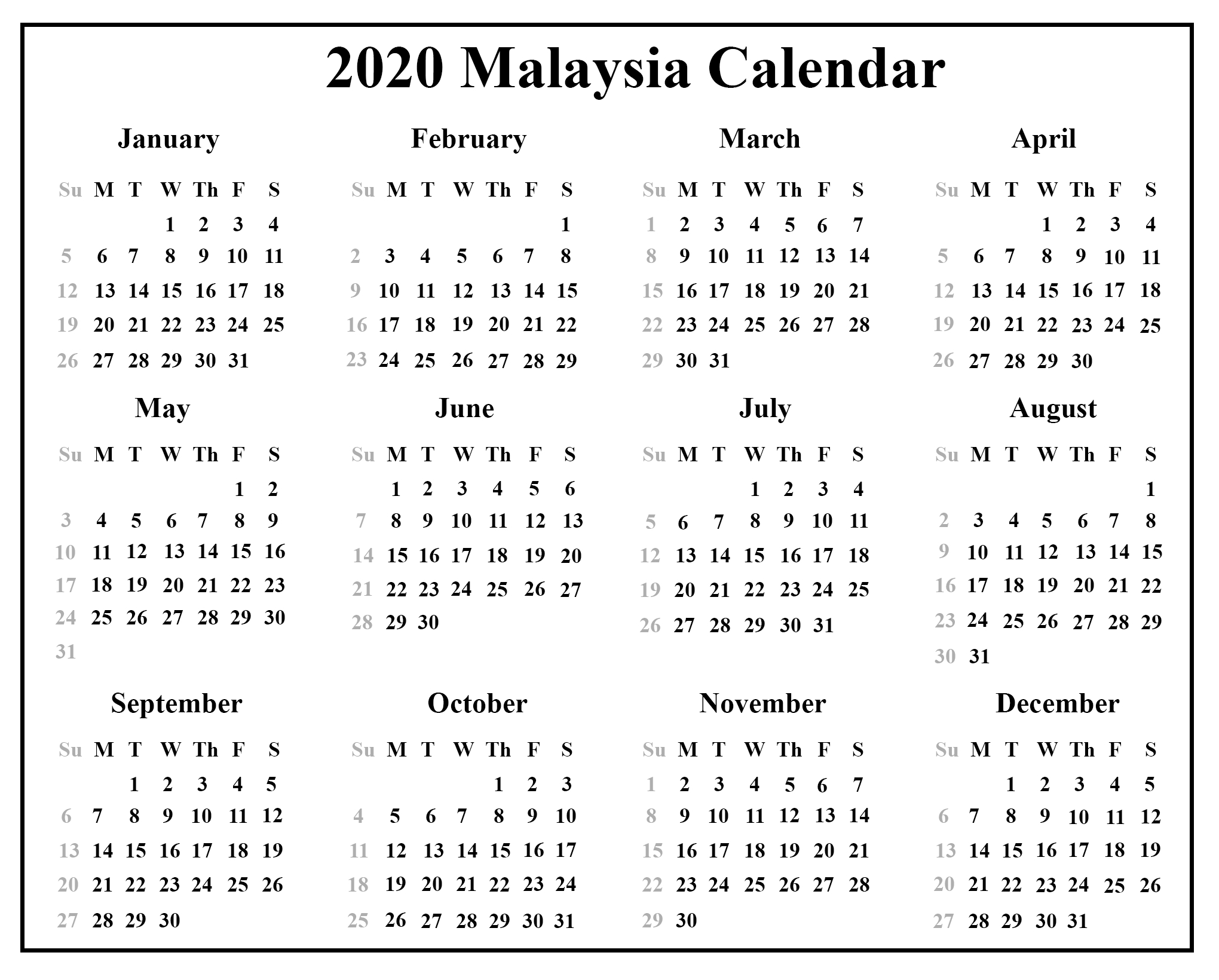Free 2020 Malaysia Calendar With Holidays {Pdf &amp; Excel &amp; Word} 2020 Calendar With Holidays Malaysia