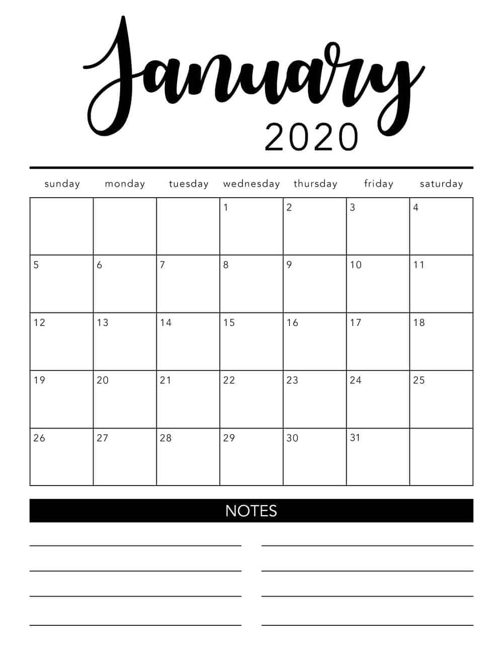 Free 2020 Printable Calendar Template (2 Colors!) - I Heart 2020 Black And White Free Printable Calendar