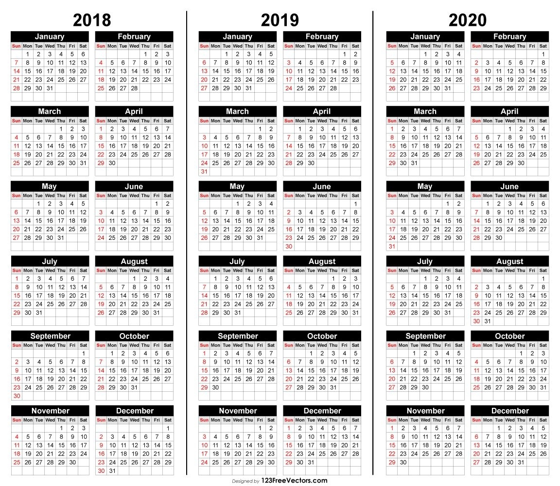 Free 3 Year Calendar 2018 2019 2020 | Calender Template Free Printable 3 Year Calendar 2019 To 2020