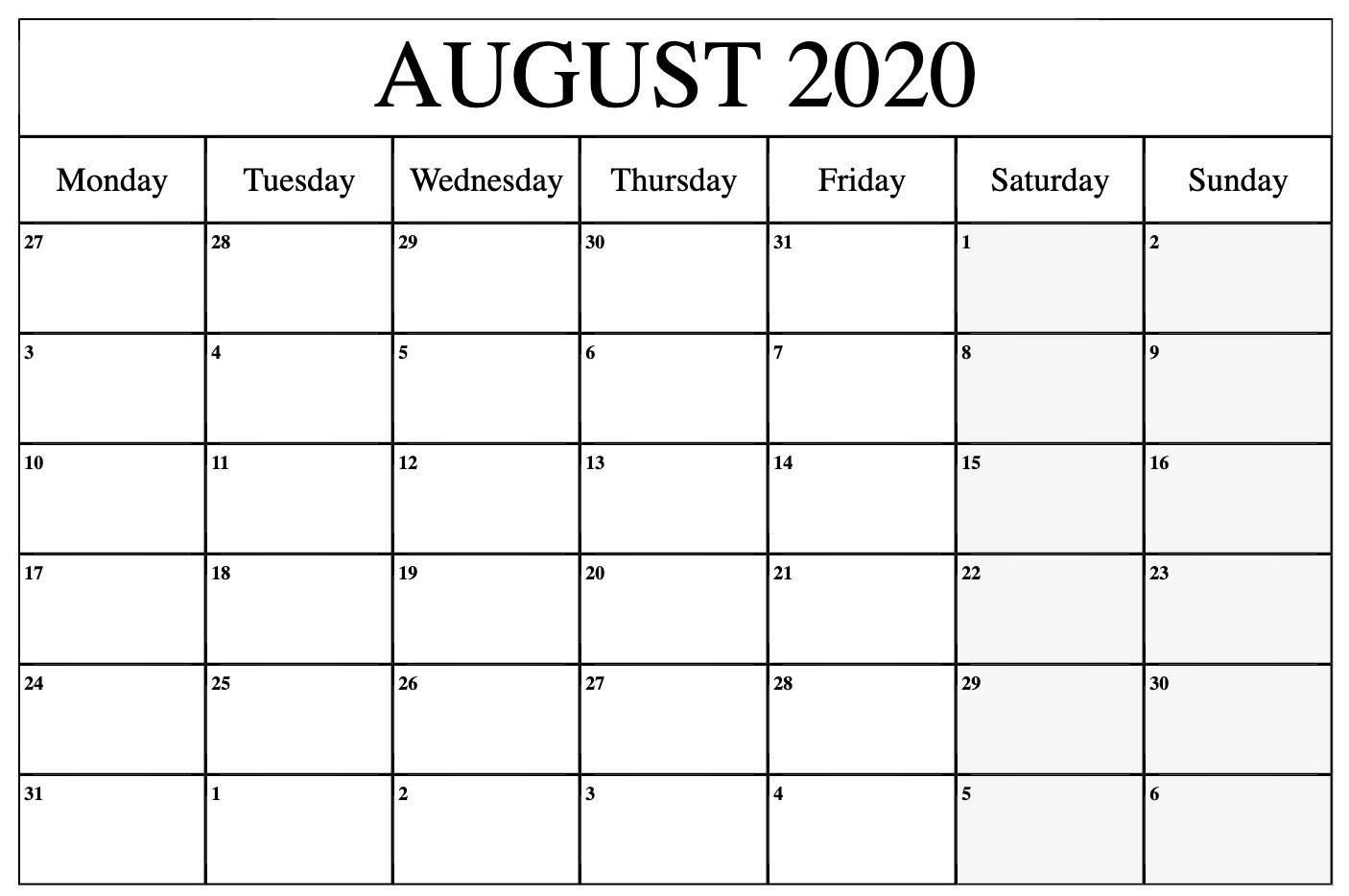 Free Blank August Calendar 2020 Printable Template Blank Calendar 2020 Printable Uk