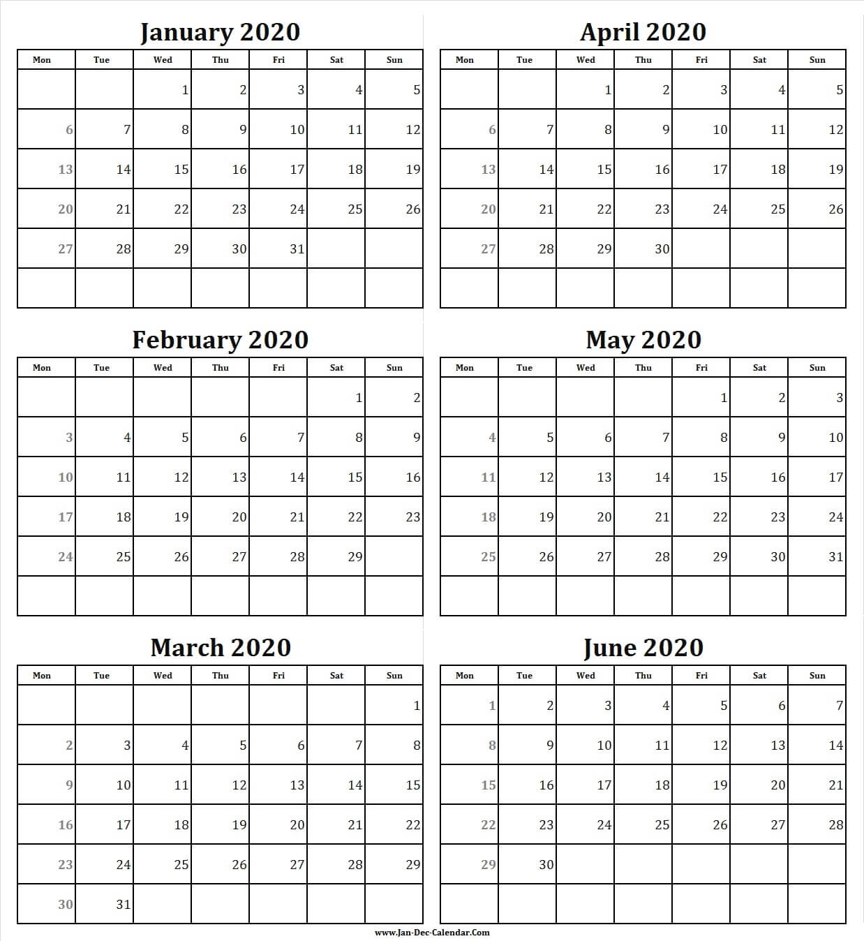 Free Calendar January To June 2020 | Six Month Calendar 6 Month At A Glance Calendar