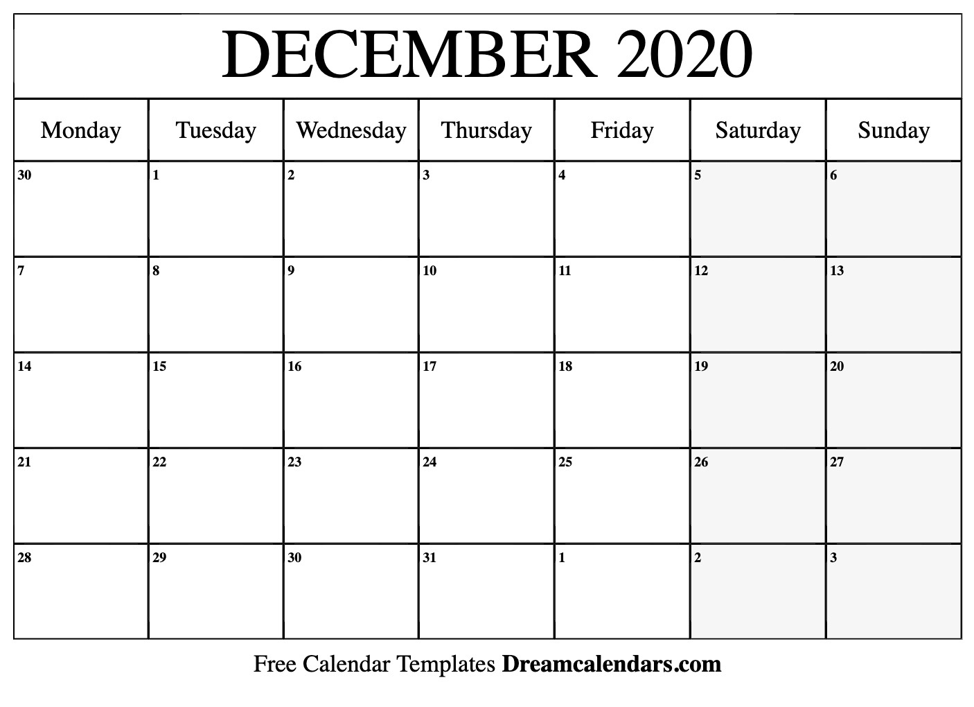 Free December 2020 Printable Calendar | Dream Calendars Remarkable Free Printable Monthly Calendars Monday Start
