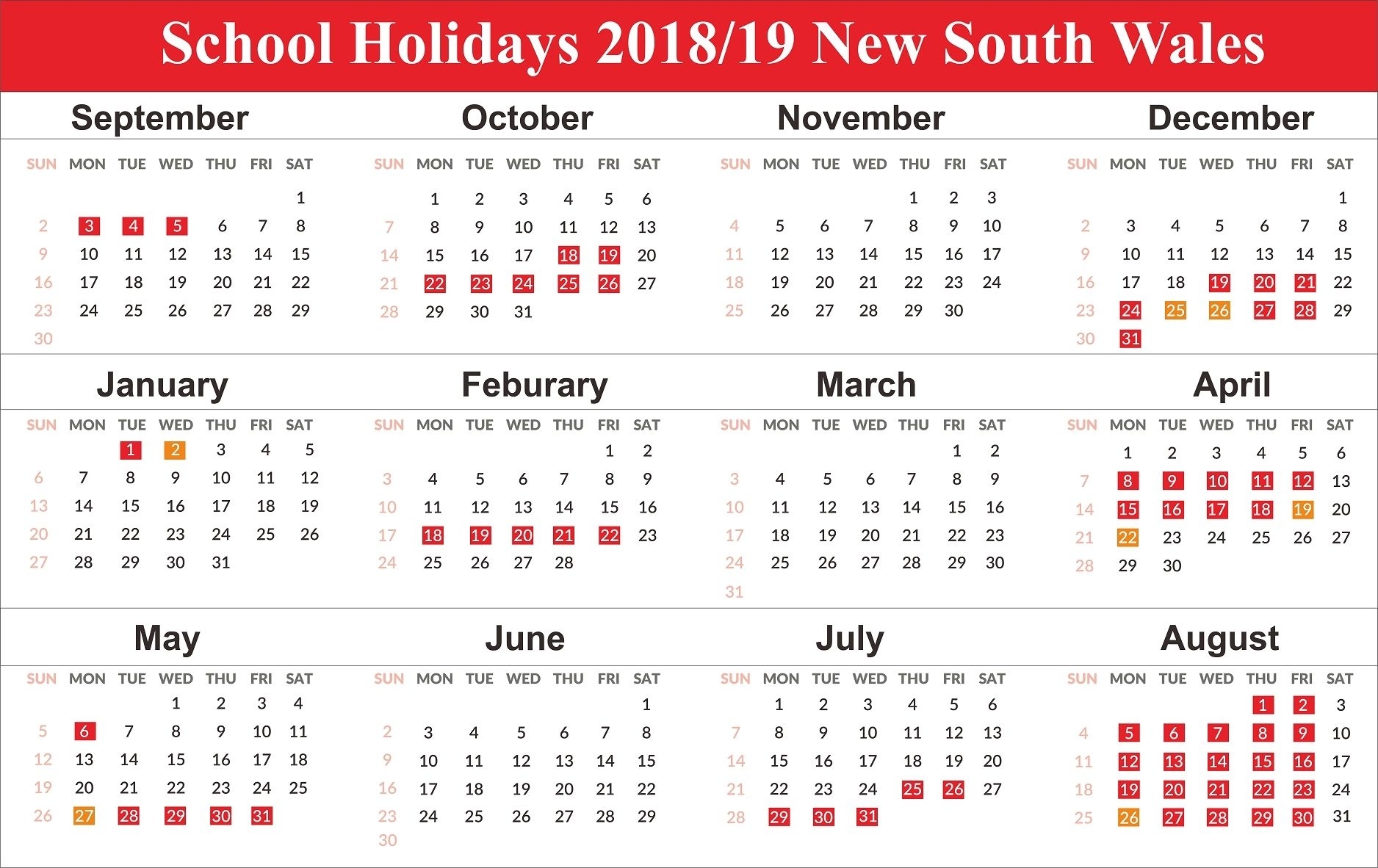 Free Editable School Holidays 2019 Nsw {New South Wales 2020 Calendar Nsw Public Holidays