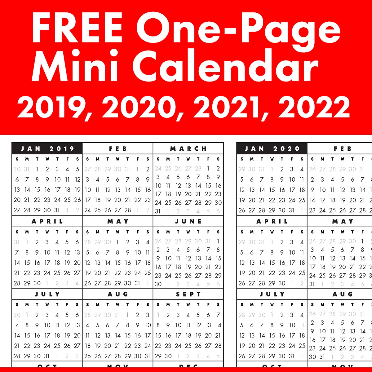 Free Full-Year, Single-Page 2019, 2020, 2021, 2022 At A Big Printable Calendars 2020 2021 2022