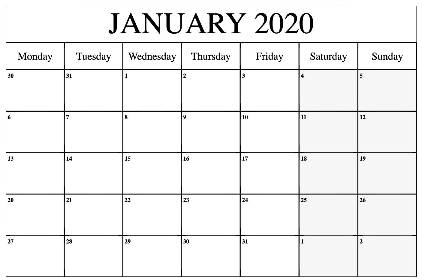 Free January Calendar 2020 Printable Template Blank In Pdf 2020 Black And White Free Printable Calendar