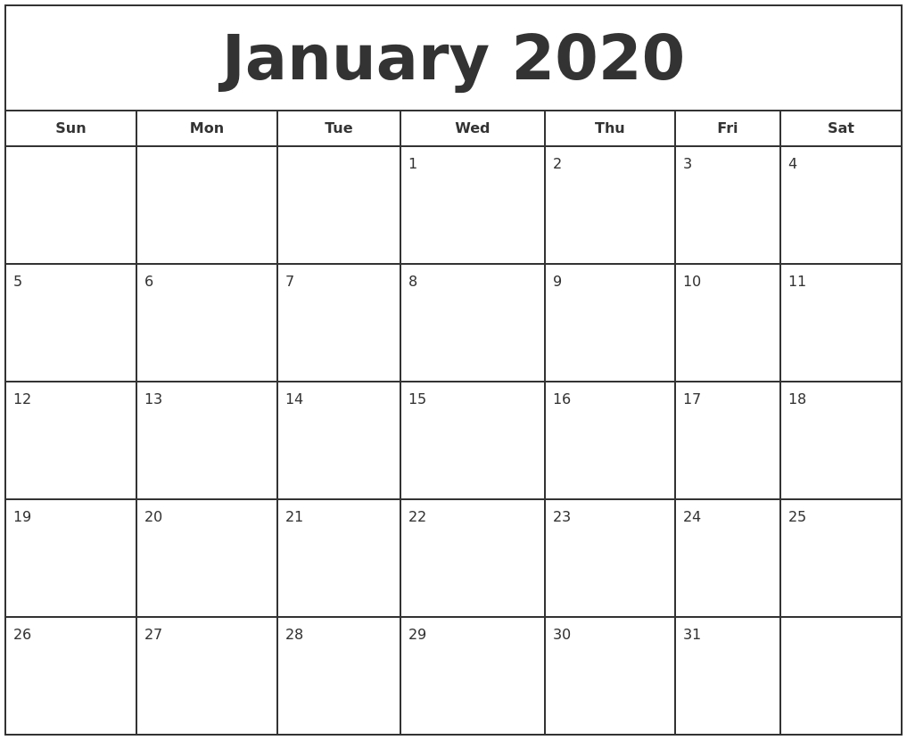 Free January Calendar 2020 Printable Template Blank In Pdf Microsoft Word Printable Calendar 2020