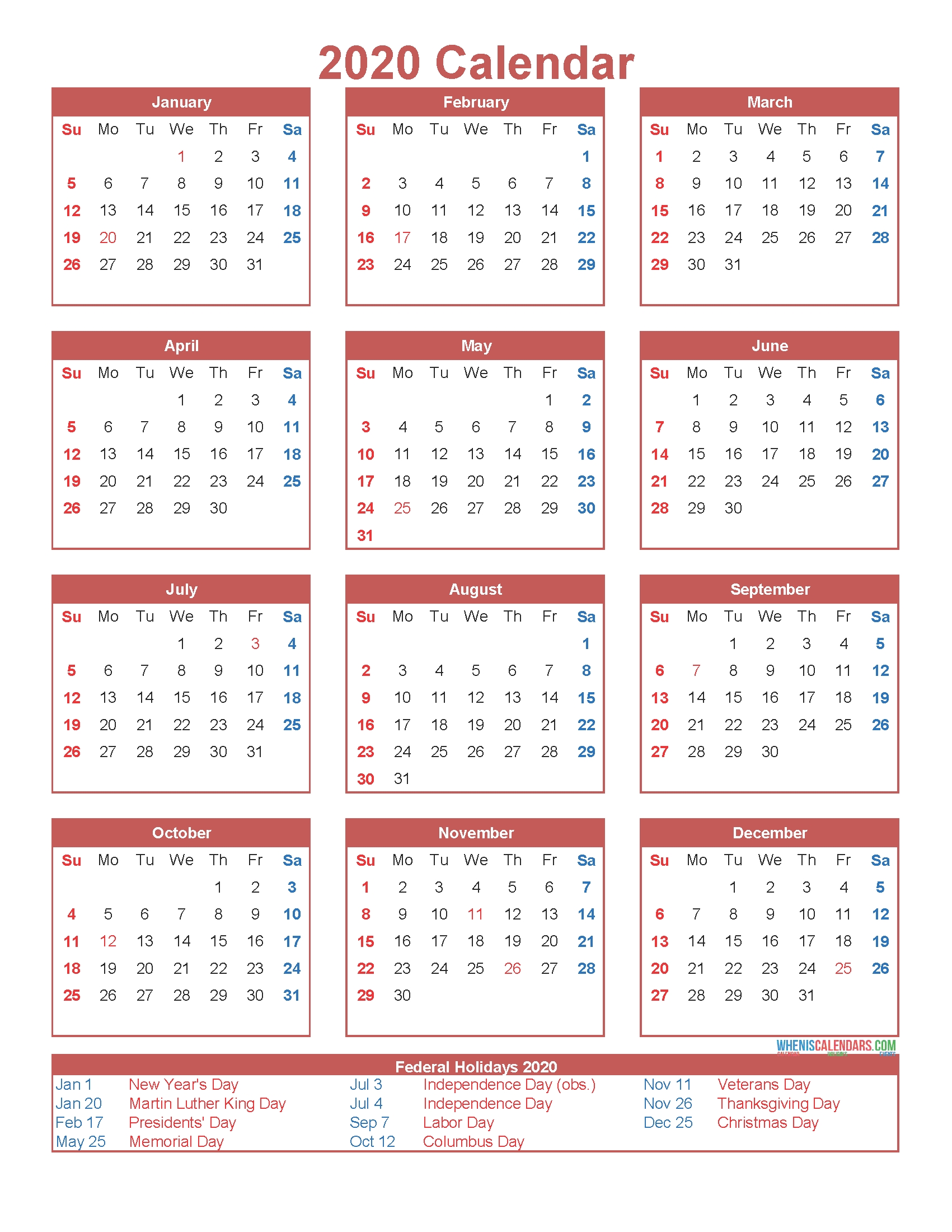 Free Printable 12 Month Calendar On One Page 2020 | Free 2020 Jewish Holidays Printable Calendar