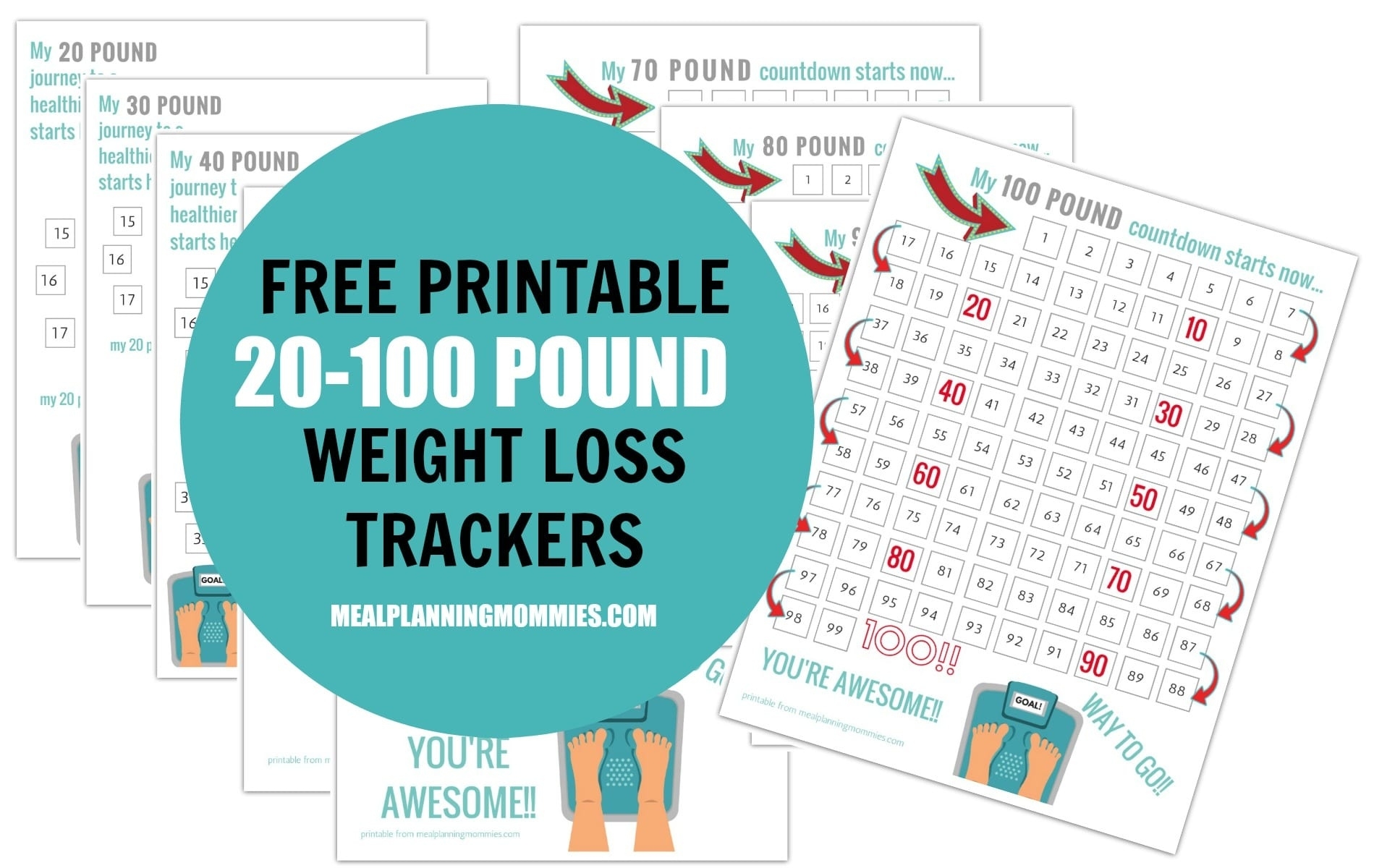 Free Printable 20-100 Pound Weight Loss Trackers - Meal Exceptional Printable Weight Loss Countdown Chart