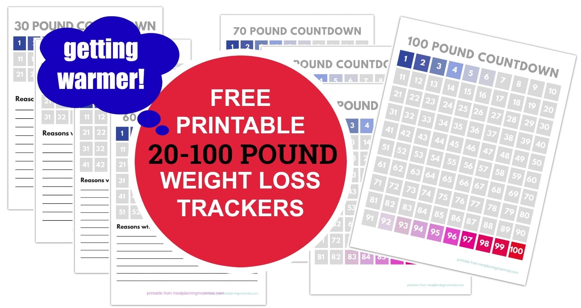 Free Printable 20-100 Pound Weight Loss Trackers - Meal Printable Weight Loss Countdown Chart