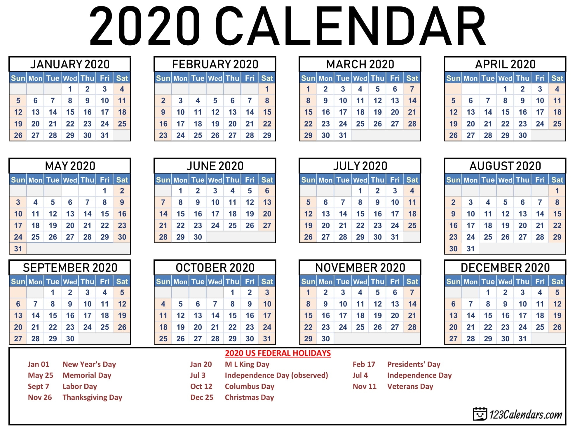 Free Printable 2020 Calendar | 123Calendars 2020 List Of Holidays Printable