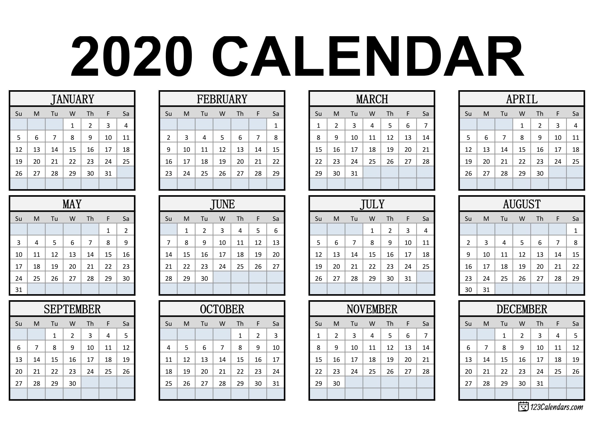 Free Printable 2020 Calendar | 123Calendars Impressive Calendar 2020 Only Printable Yearly