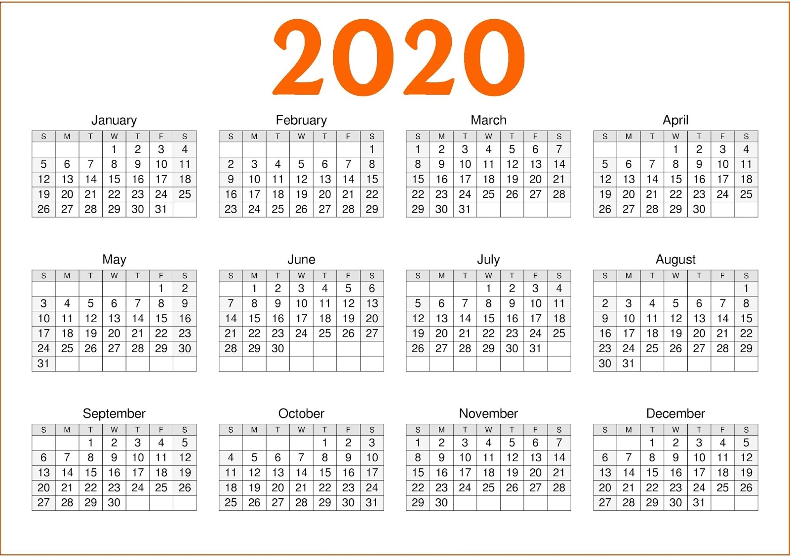 Free Printable 2020 Calendar – One Page Template 2020 1 Page Calendar
