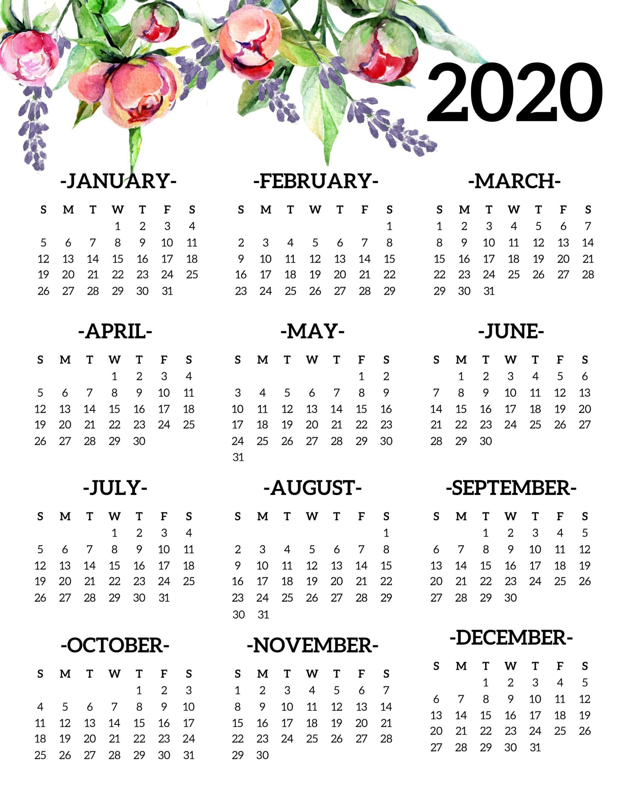 Free Printable 2020 Calendar Yearly E Page Floral Free Blank Exceptional 2020 Year At A Glance Free Printable Calendar