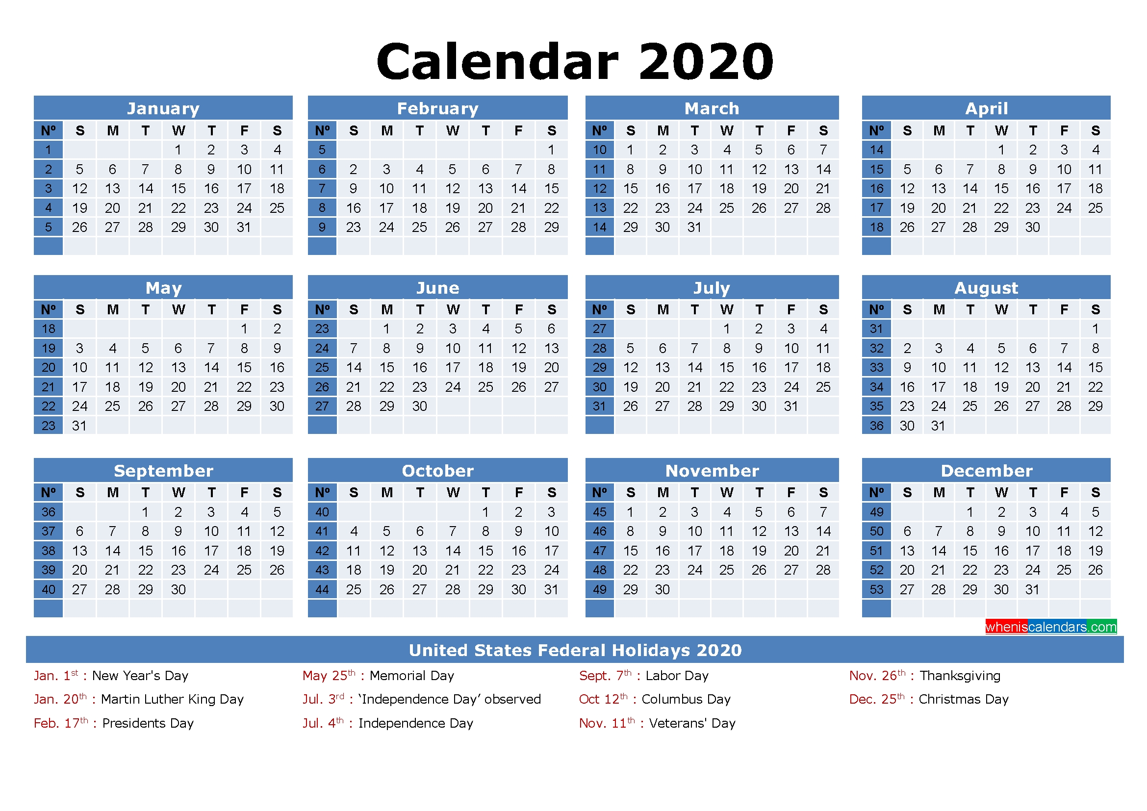 Free Printable 2020 Monthly Calendar With Holidays Free Printable Calenders With Legal Holidays