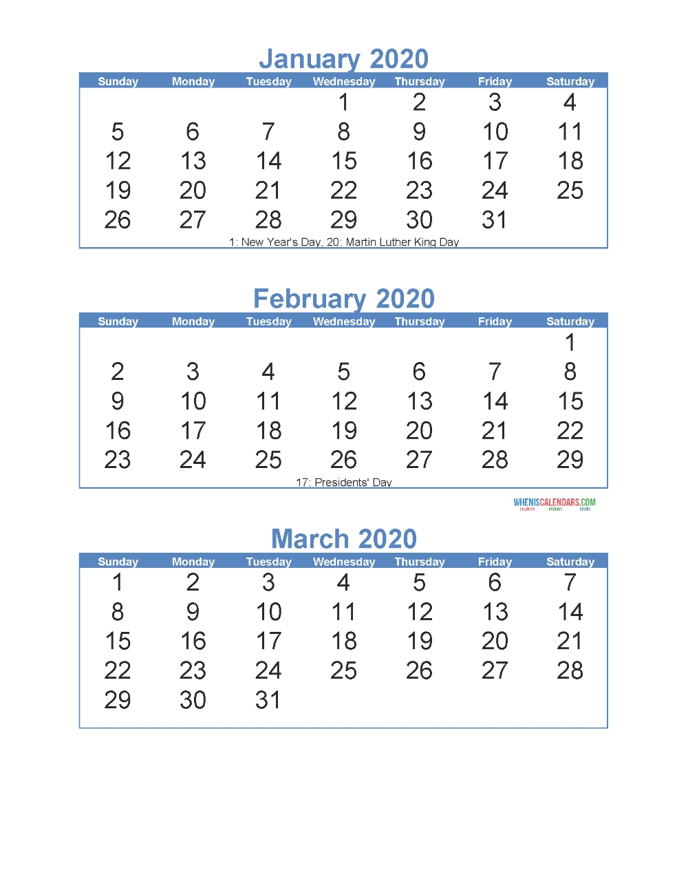 Free Printable 3 Month Calendar 2020 January February March Calendar 2020 Printable Free Three Months Per Page