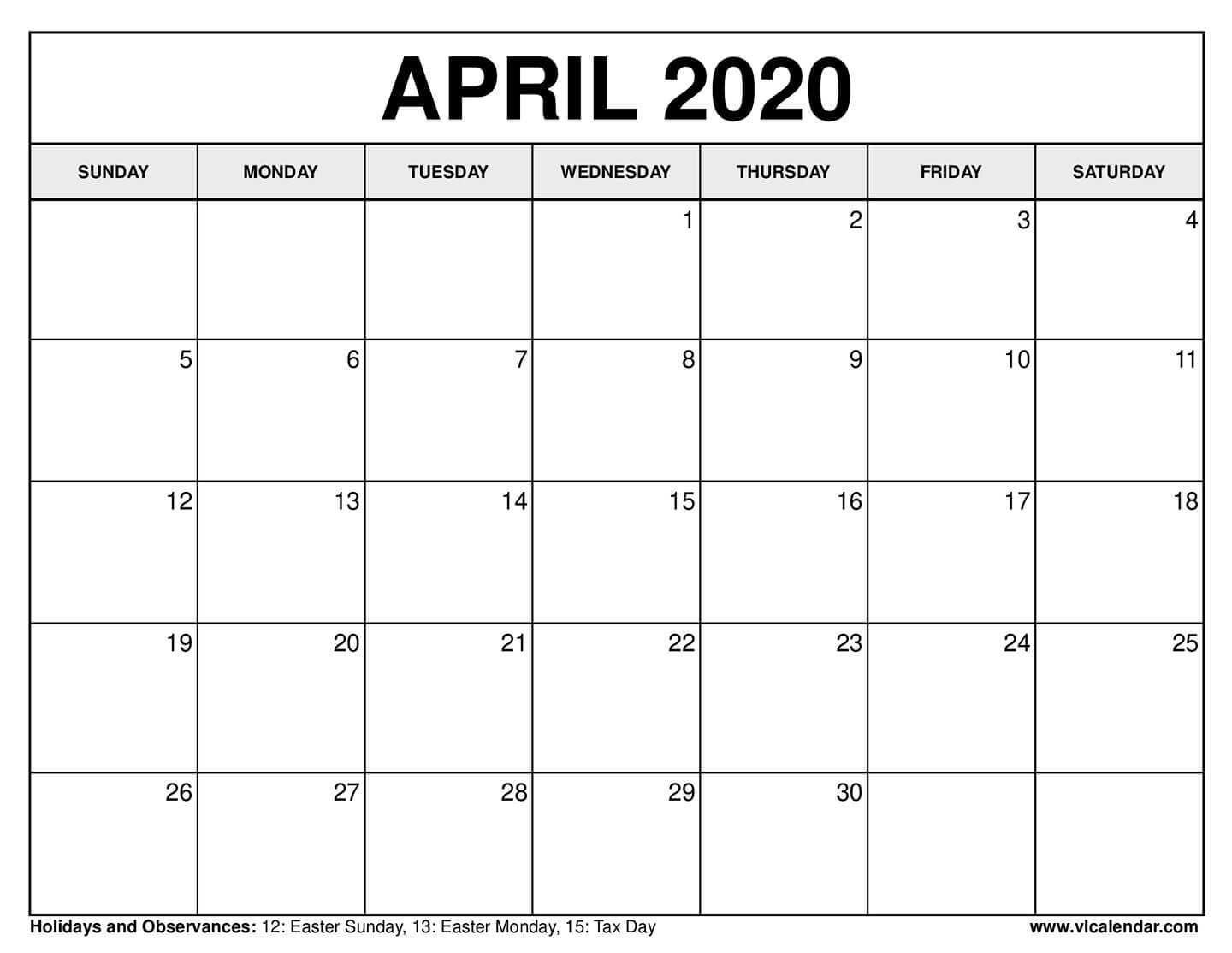 Free Printable Calendar For April 2020 April 2020 Calendar Easter