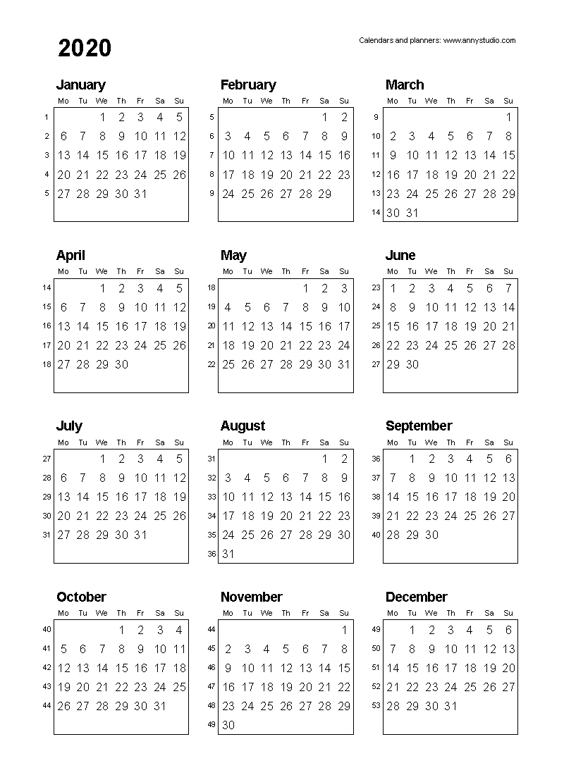 Free Printable Calendars And Planners 2020, 2021, 2022 2020 Calendar Template With Week Numbers