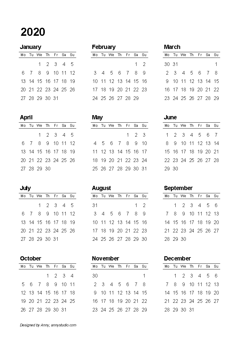Free Printable Calendars And Planners 2020, 2021, 2022 Black And White 2020 Calendar Free