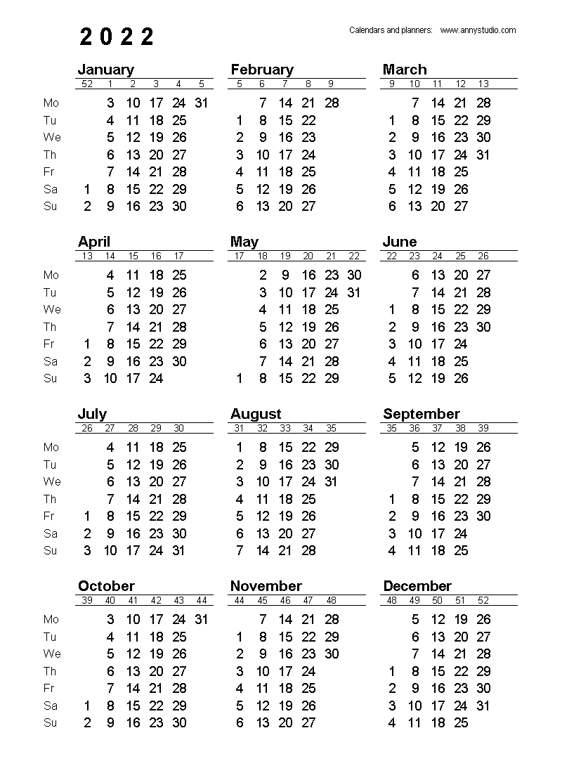 Free Printable Calendars And Planners 2020, 2021, 2022 Free Yearly Calendar Start On Monday
