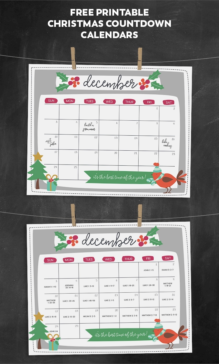 Free Printable Christmas Countdown Calendar For December | 2 Free Countdown To Christmas Calendar