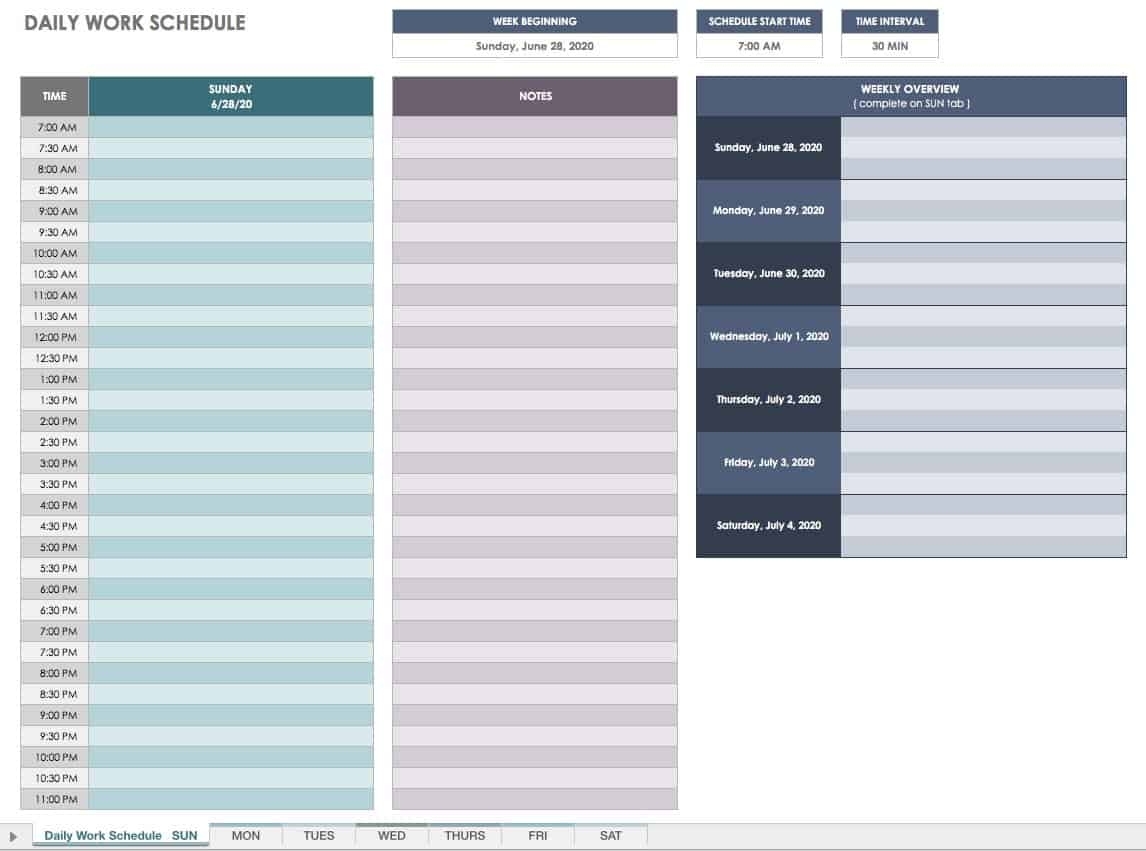 Free Printable Daily Calendar Templates | Smartsheet Incredible 30 Minute Increment Schedule Template Excel