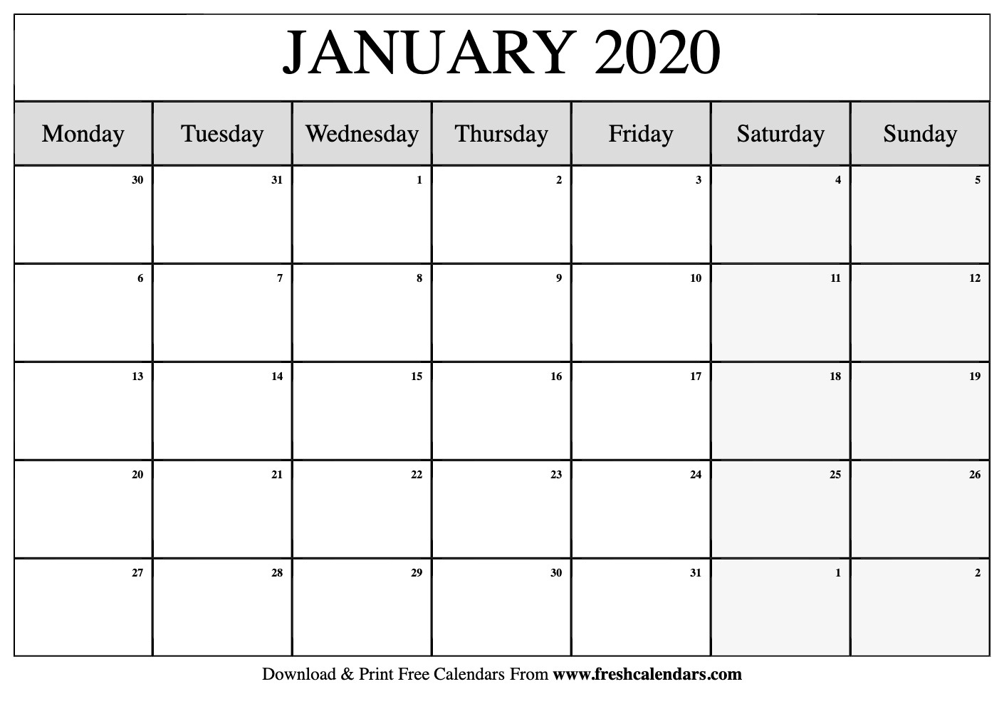 Free Printable January 2020 Calendar Printable Calendar 2020 Monthly Starting Monday