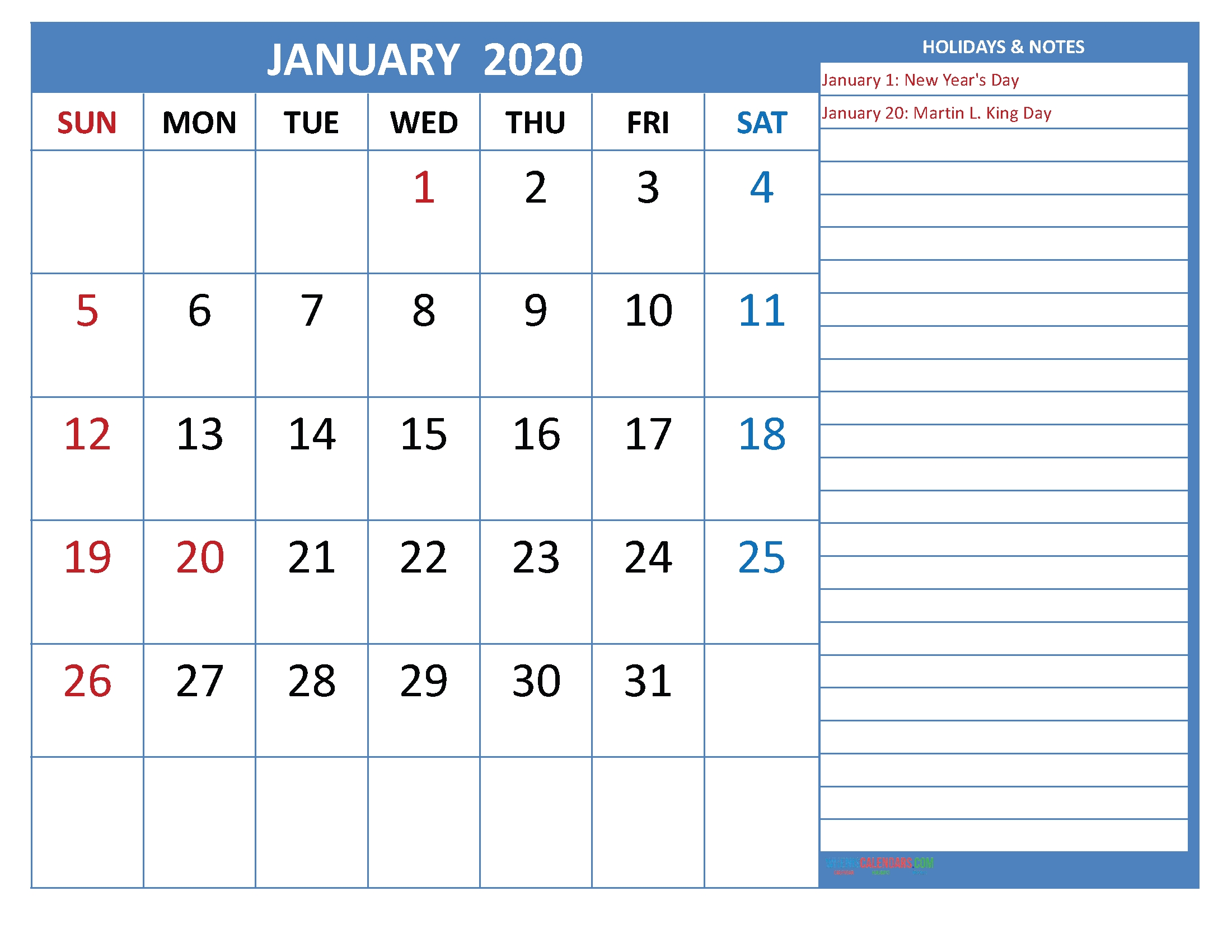 Free Printable Monthly 2020 Calendar With Holidays January Printable Calendar With Jewish Holidays 2020