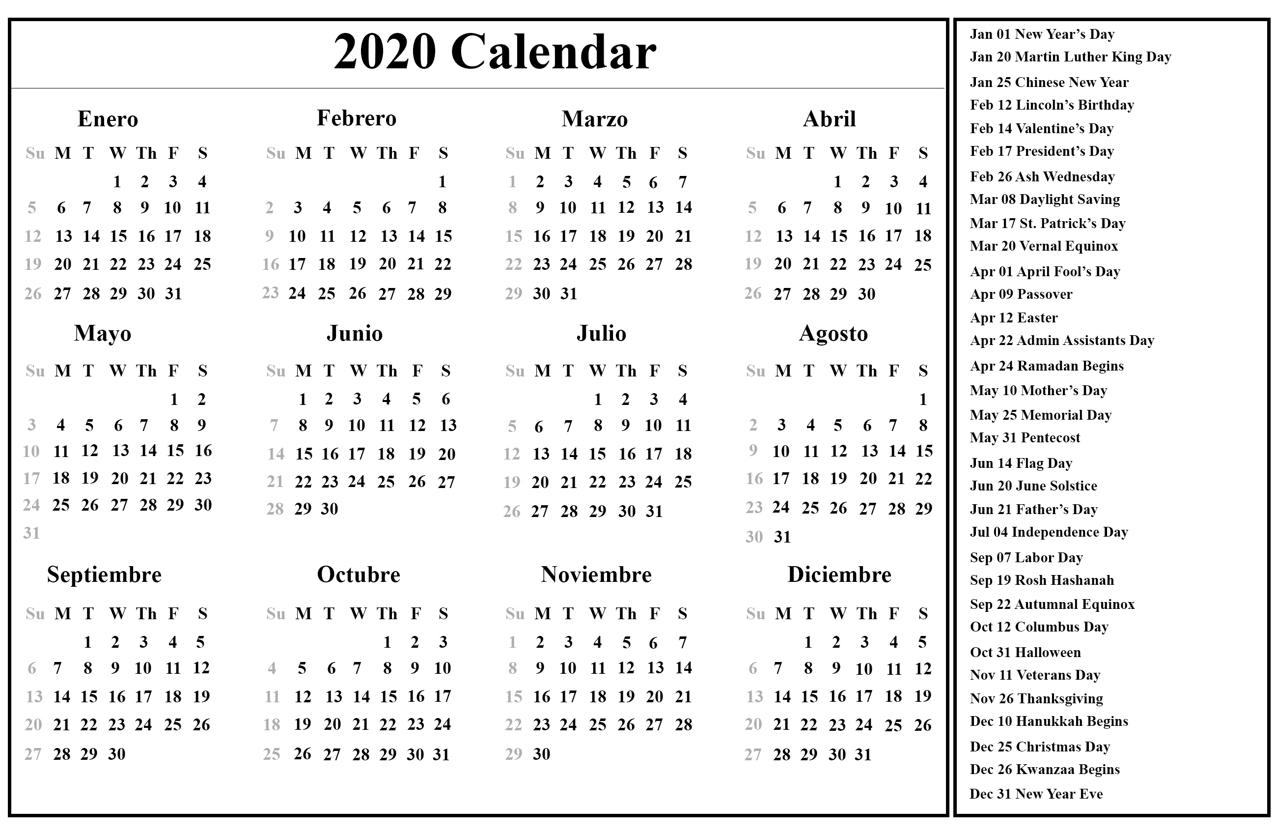 Free Printable Spanish Calendar 2020 | 2020 Calendario Year 2020 Calendar Singapore